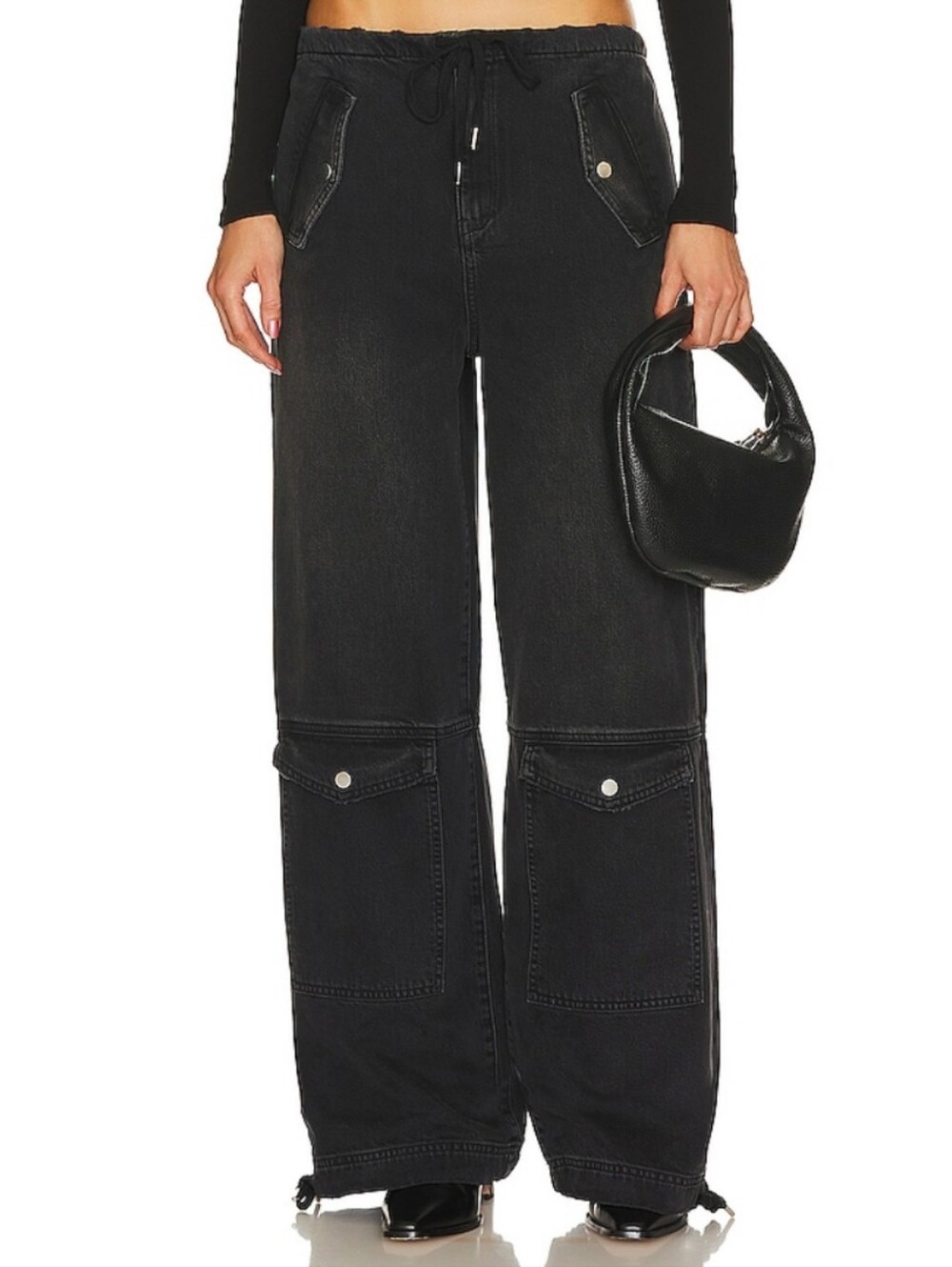 New GRLFRND Alix Wide Leg Drawstring Cargo Jeans Black Womens Size Large Revolve